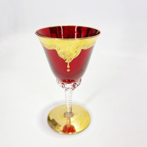 Vintage Tre Fuochi Murano Venetian Glass Aperitif 24k Gold Ruby Wine Cordial - Picture 2 of 4